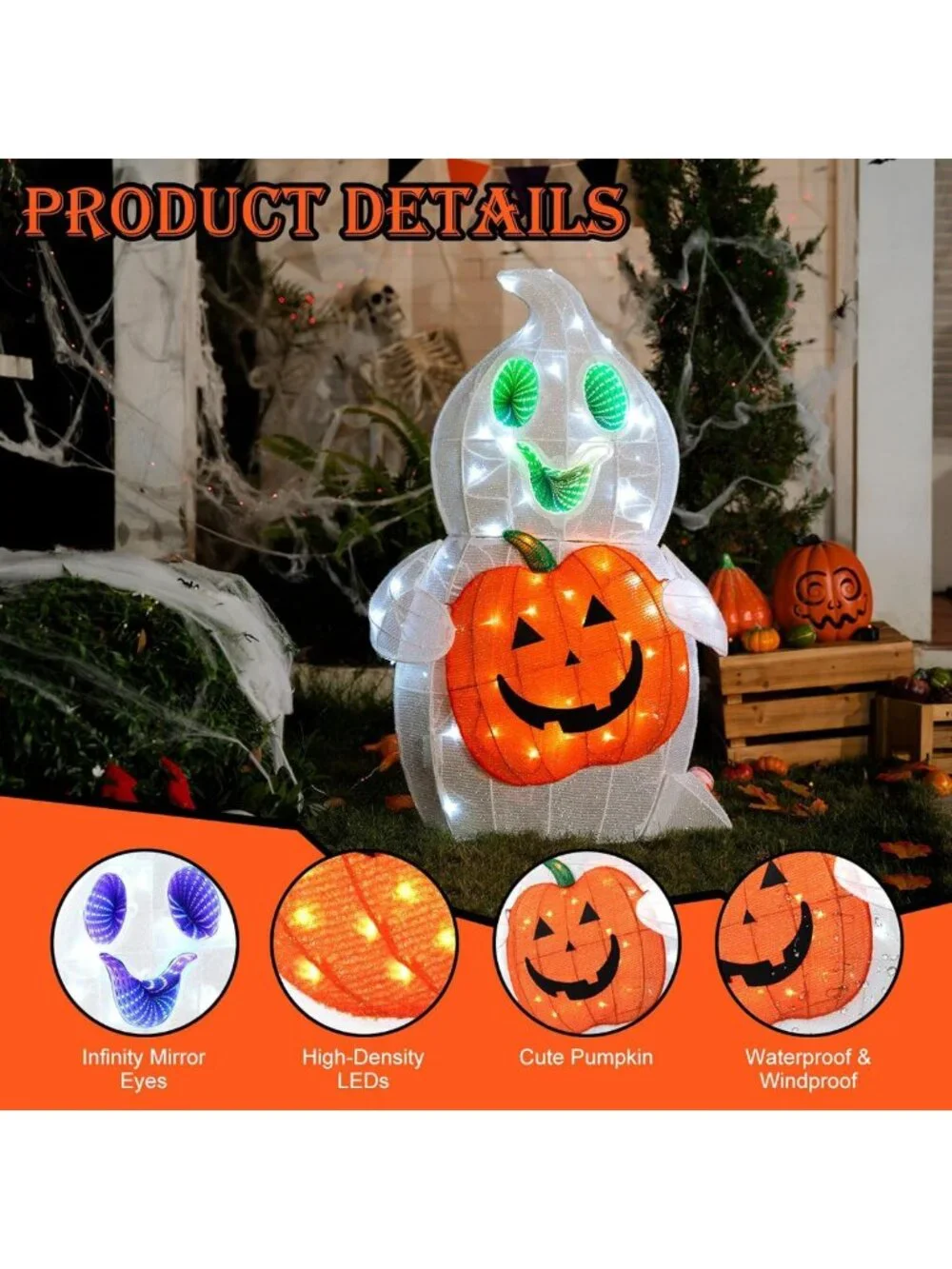 38-Inch Pre-Lit Halloween Ghost Decor - Light-Up Pumpkin Holder for Outdoor Fun